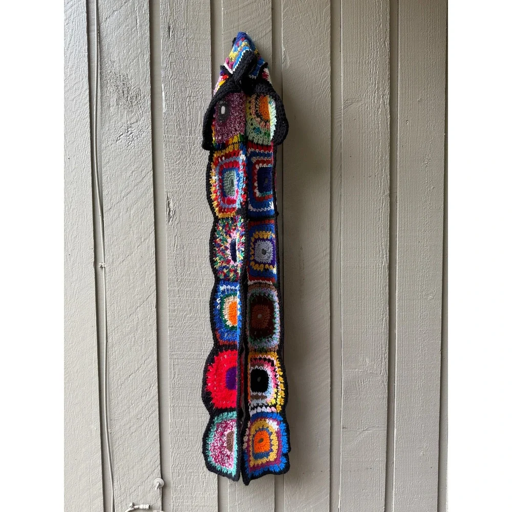 Vintage Handmade Crochet Hooded Scarf Granny Square Multi-Color Boho One Size